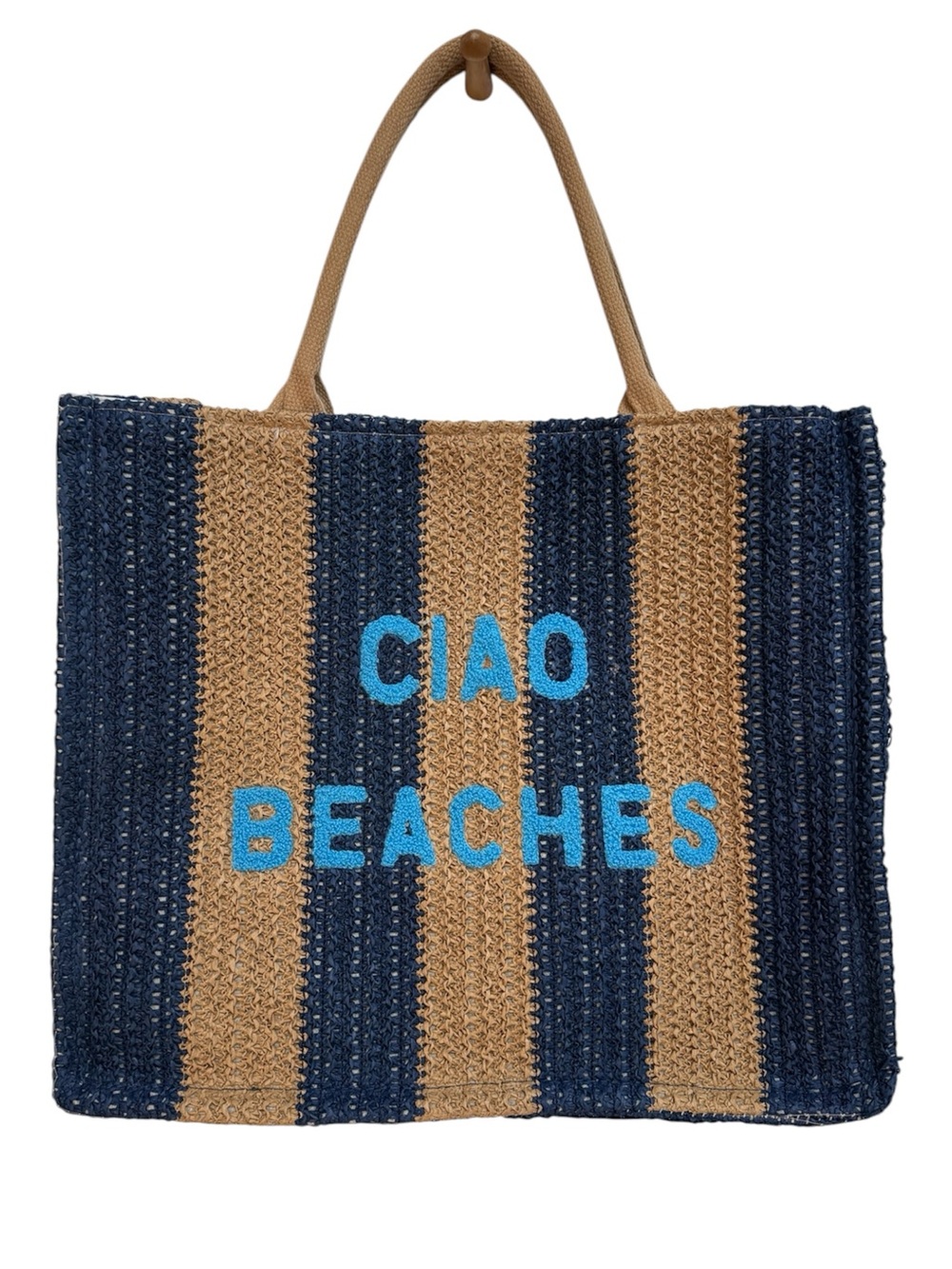 Ciao Beaches Striped Raffia Tote Bag Vacation Resort Cruise Humor Fun Playful